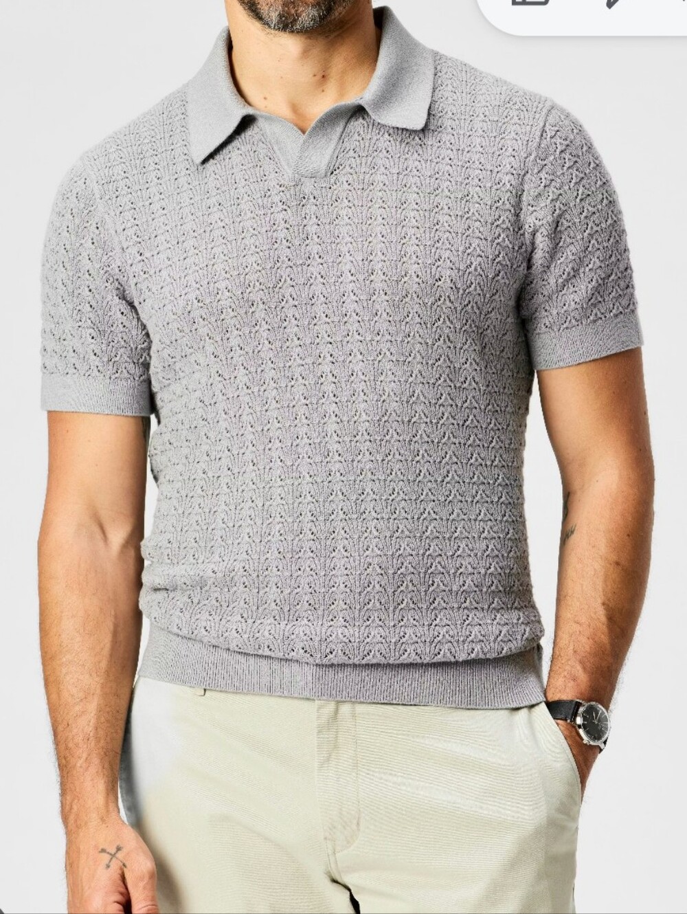 Men's Short-Sleeve Knit Polo Sweater — Light Gray